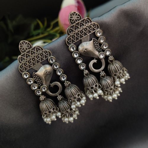 Replica Silver Look Like  Ganesha Stud Design With Peacock Designs Earrings - Image 7