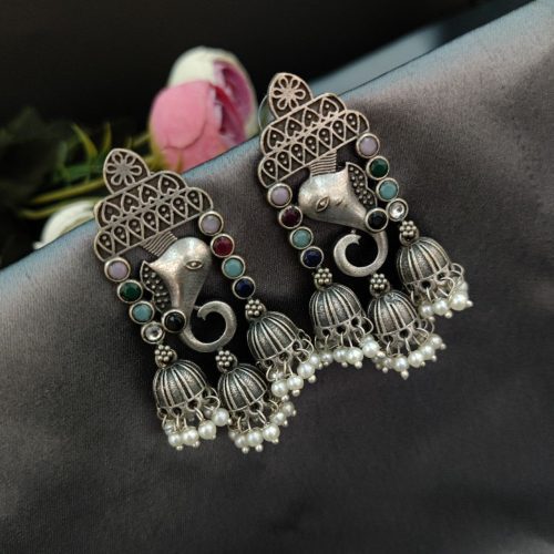 Replica Silver Look Like  Ganesha Stud Design With Peacock Designs Earrings - Image 2