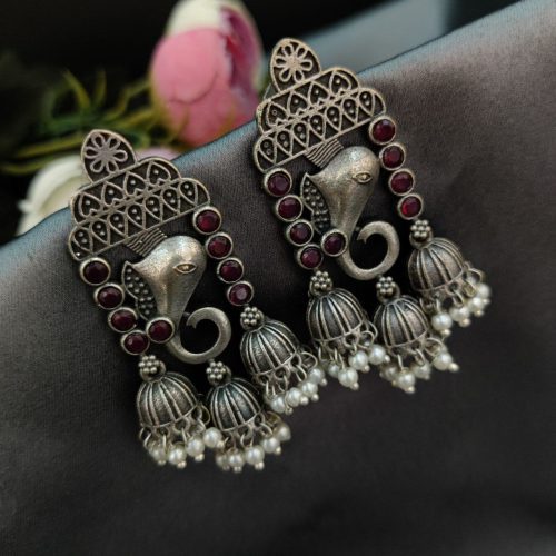 Replica Silver Look Like  Ganesha Stud Design With Peacock Designs Earrings - Image 9
