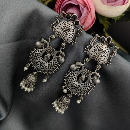 Silver Replica Polish Long Jhumkie Stud Earrings