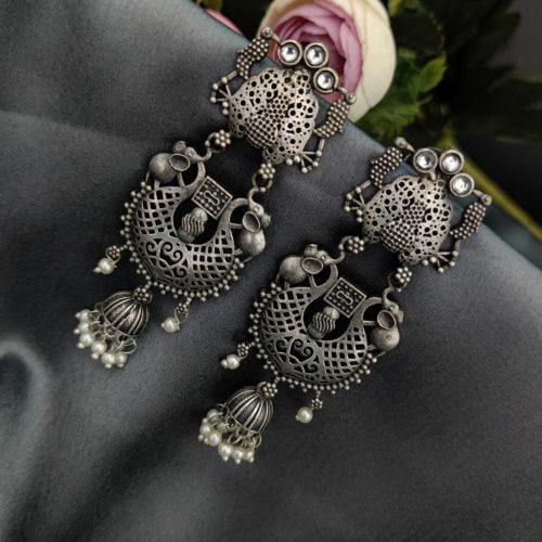 Silver Replica Polish Long Jhumkie Stud Earrings - Image 6