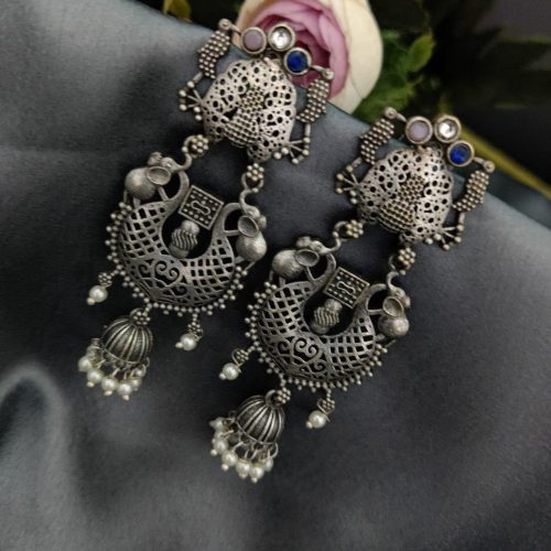 Silver Replica Polish Long Jhumkie Stud Earrings - Image 2
