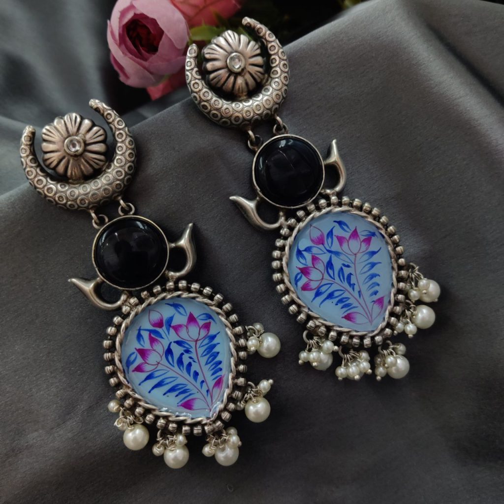 Handmade Silver Plated Hand Painting Tanjor Art Earrings