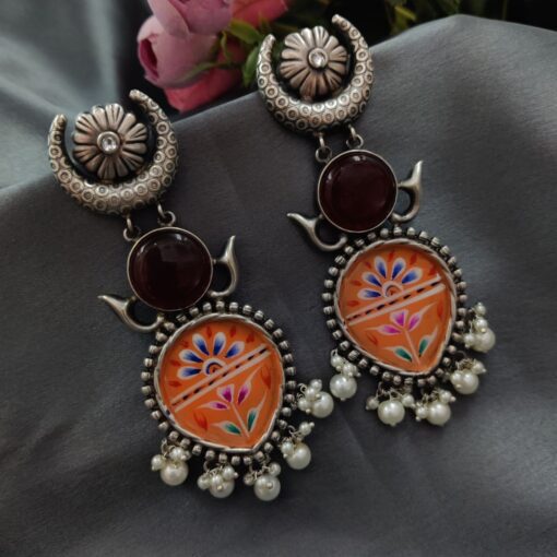 Handmade Silver Plated Hand Painting Tanjor Art Earrings - Image 4
