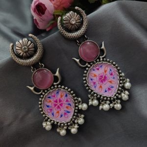 Handmade Silver Plated Hand Painting Tanjor Art Earrings - Color: "Baby Pink"