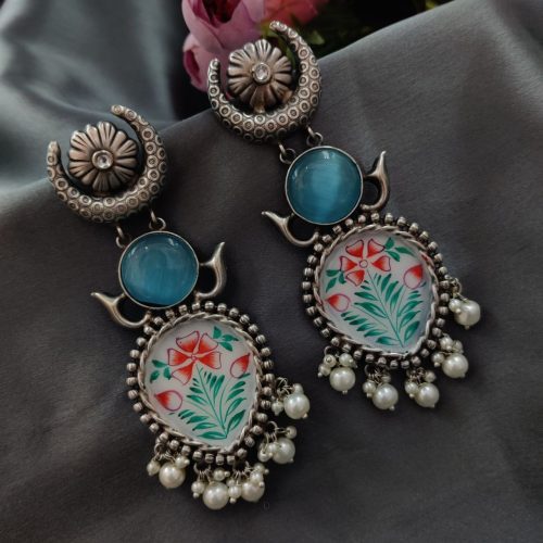 Handmade Silver Plated Hand Painting Tanjor Art Earrings - Image 5
