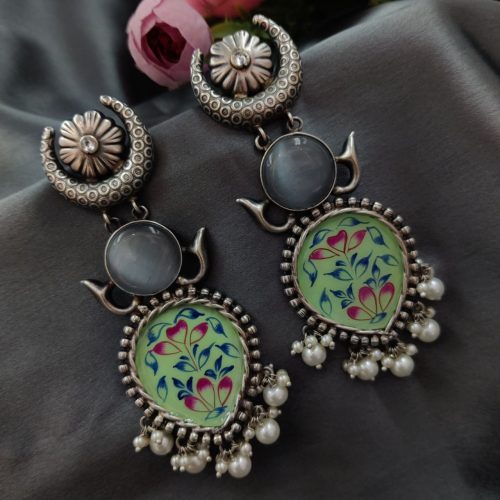 Handmade Silver Plated Hand Painting Tanjor Art Earrings - Image 6