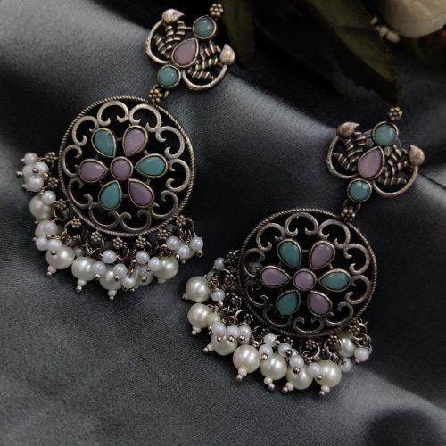 Antique Oxidised Round Shape Replica Earring with Stone Work - Image 8