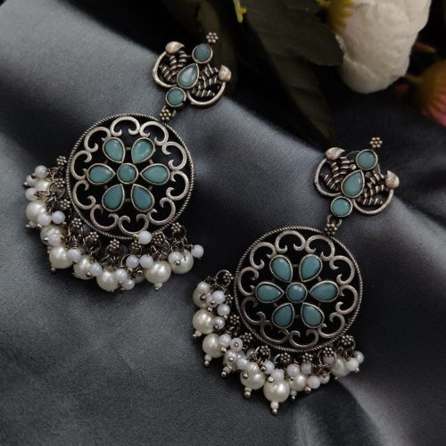 Antique Oxidised Round Shape Replica Earring with Stone Work - Image 6