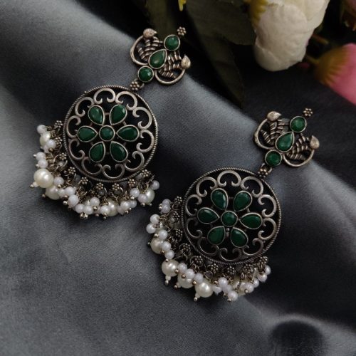 Antique Oxidised Round Shape Replica Earring with Stone Work - Image 7