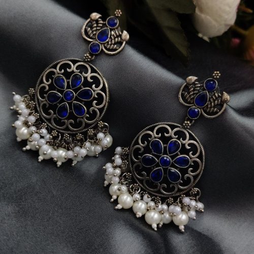 Antique Oxidised Round Shape Replica Earring with Stone Work - Image 5