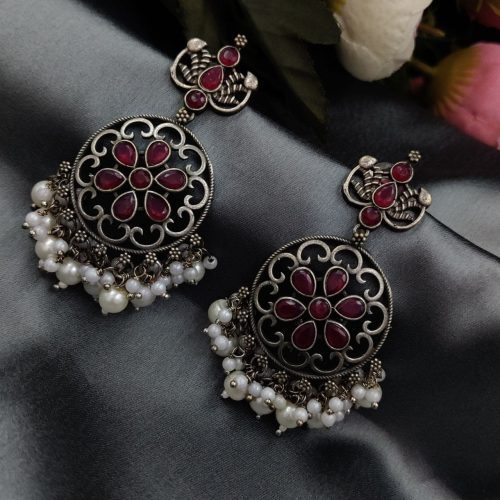 Antique Oxidised Round Shape Replica Earring with Stone Work - Image 4