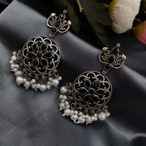 Antique Oxidised Round Shape Replica Earring with Stone Work - Image 3