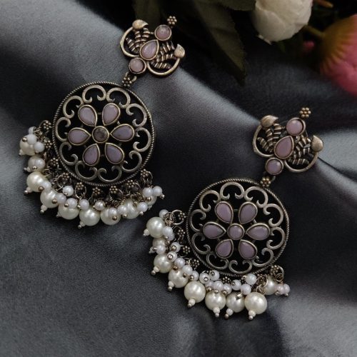 Antique Oxidised Round Shape Replica Earring with Stone Work - Image 2