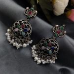 Antique Oxidised Round Shape Replica Earring with Stone Work
