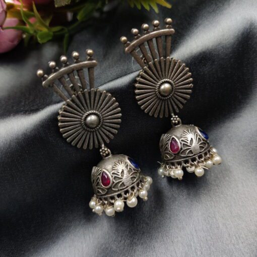 Antique Oxidised Jhumki Replica Earring with Stone Work - Image 2