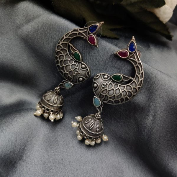 Elevate Your Look with Silver Look Fish Jhumka Earrings Adorned with Stones