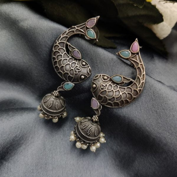Elevate Your Look with Silver Look Fish Jhumka Earrings Adorned with Stones