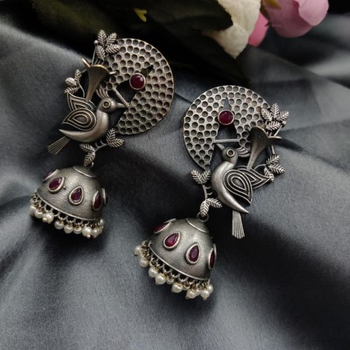 Silver Replice Bird Jhumka Earring with Stone Work - Image 9