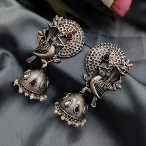 Silver Replice Bird Jhumka Earring with Stone Work - Image 7