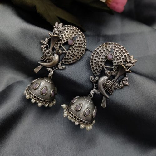 Silver Replice Bird Jhumka Earring with Stone Work - Image 6