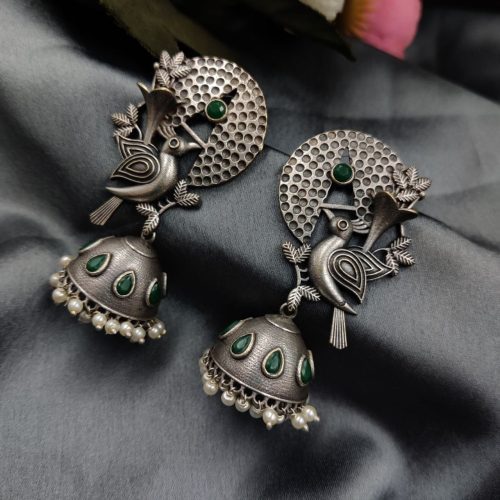 Silver Replice Bird Jhumka Earring with Stone Work - Image 5