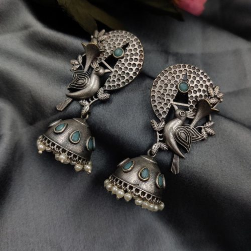 Silver Replice Bird Jhumka Earring with Stone Work - Image 4