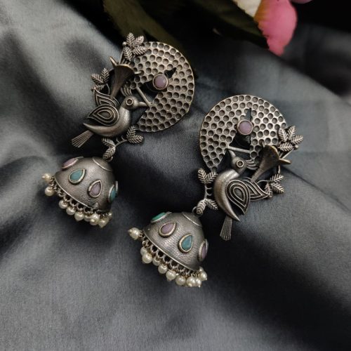 Silver Replice Bird Jhumka Earring with Stone Work - Image 2