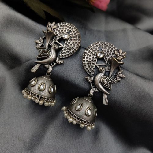 Silver Replice Bird Jhumka Earring with Stone Work - Image 3