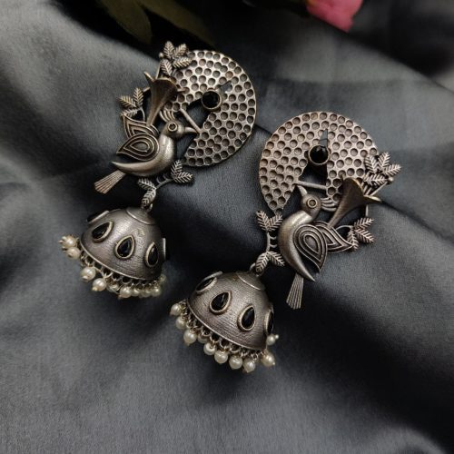 Silver Replice Bird Jhumka Earring with Stone Work