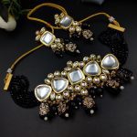 Gold Plated Kundan Beautiful Necklace Set With Dangler Earrings - "Black"