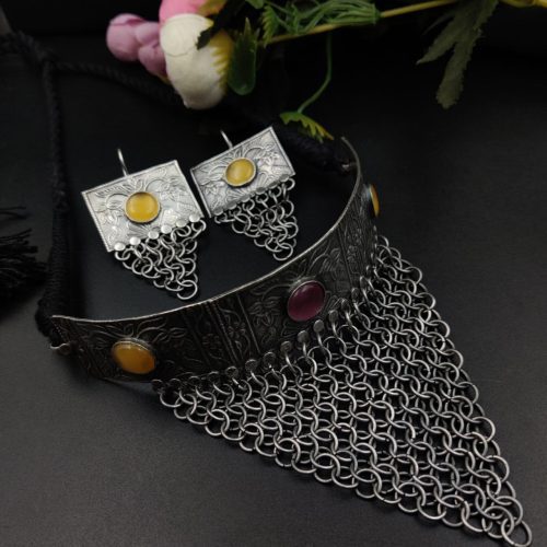 Silver Replica Oxidised Handmade Necklace Set With Matching Dangler Earrings - Image 5