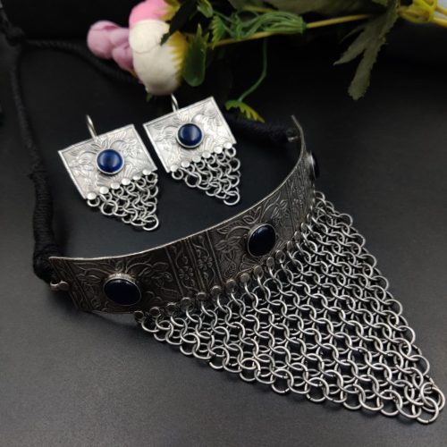 Silver Replica Oxidised Handmade Necklace Set With Matching Dangler Earrings - Image 6