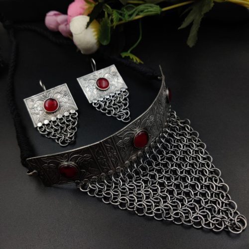 Silver Replica Oxidised Handmade Necklace Set With Matching Dangler Earrings - Image 4