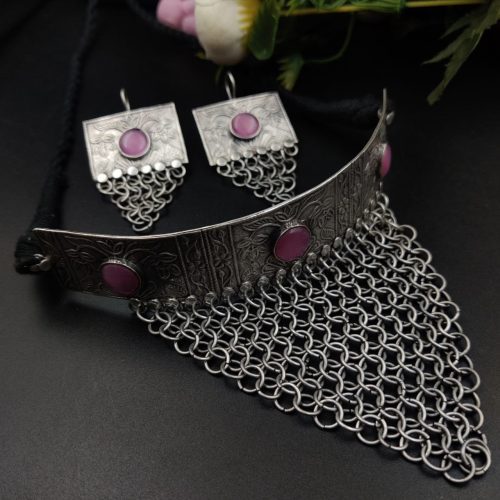 Silver Replica Oxidised Handmade Necklace Set With Matching Dangler Earrings - Image 3