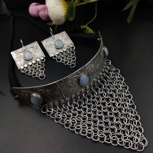 Silver Replica Oxidised Handmade Necklace Set With Matching Dangler Earrings - Image 2