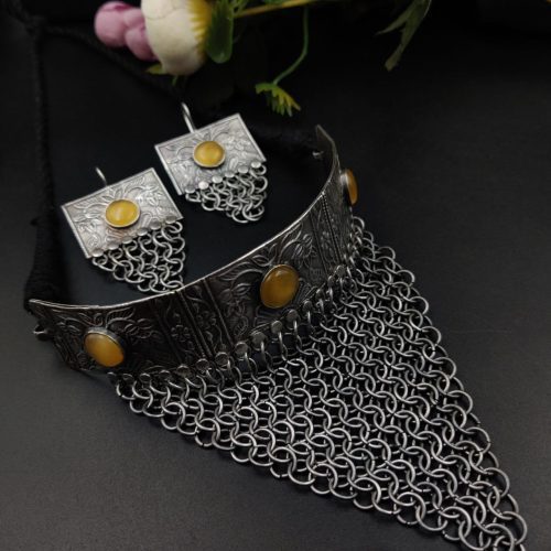 Silver Replica Oxidised Handmade Necklace Set With Matching Dangler Earrings