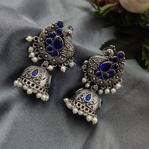 Intricate Oxidised Silver Replica Peacock Design Jhumka Earrings" - Image 5