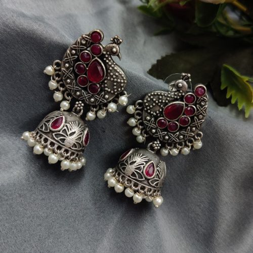 Intricate Oxidised Silver Replica Peacock Design Jhumka Earrings" - Image 4