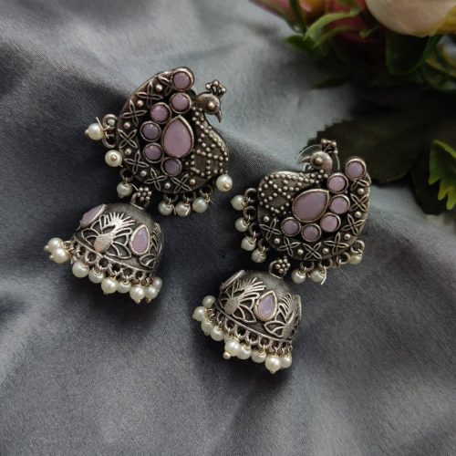 Intricate Oxidised Silver Replica Peacock Design Jhumka Earrings" - Image 3
