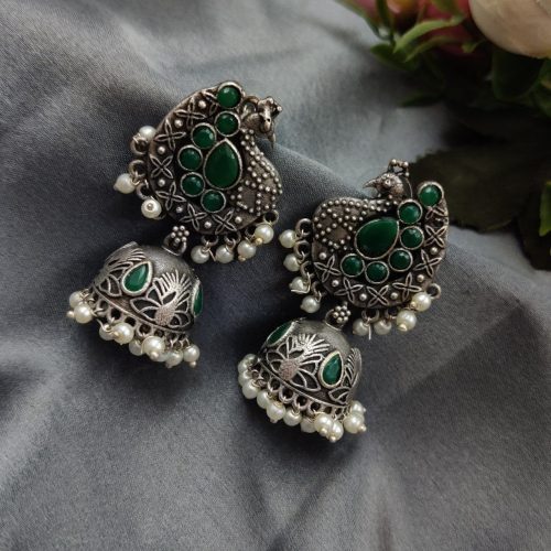 Intricate Oxidised Silver Replica Peacock Design Jhumka Earrings" - Image 2