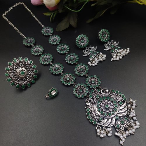 Bohemian-inspired Oxidised Necklace Set featuring Exquisite Stone Work, Rings, and Nosepin - Image 7
