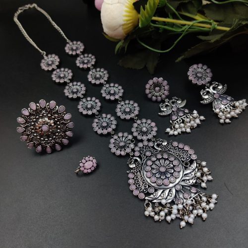 Bohemian-inspired Oxidised Necklace Set featuring Exquisite Stone Work, Rings, and Nosepin - Image 6