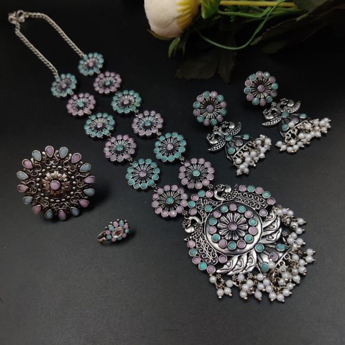 Bohemian-inspired Oxidised Necklace Set featuring Exquisite Stone Work, Rings, and Nosepin - Image 4