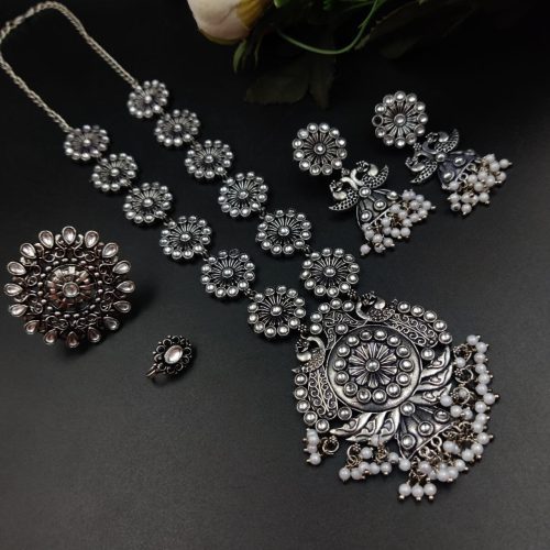 Bohemian-inspired Oxidised Necklace Set featuring Exquisite Stone Work, Rings, and Nosepin