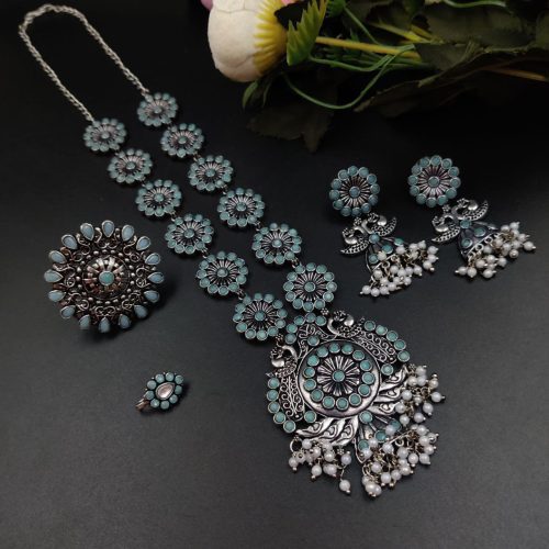 Bohemian-inspired Oxidised Necklace Set featuring Exquisite Stone Work, Rings, and Nosepin - Image 2