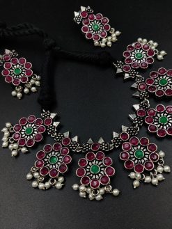 Ethnic-inspired oxidized stone choker set with a touch of elegance