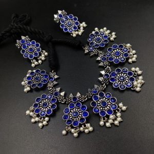 Ethnic-inspired oxidized stone choker set with a touch of elegance - Color: "Blue"