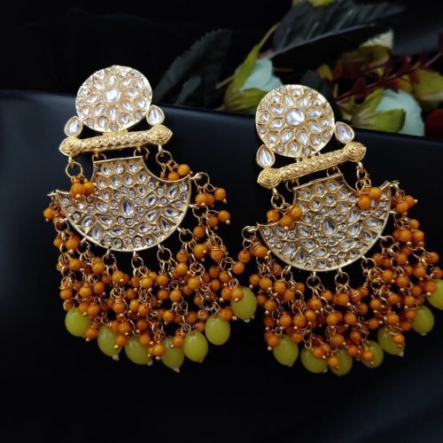 Traditional gold plated Meenakari Chandbali Earrings with Kundan Work - Image 6