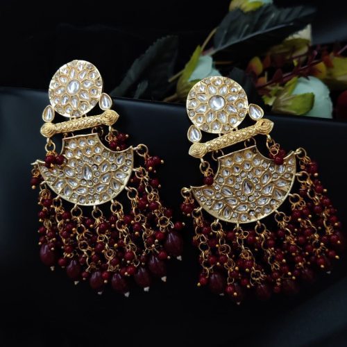 Traditional gold plated Meenakari Chandbali Earrings with Kundan Work - Image 4